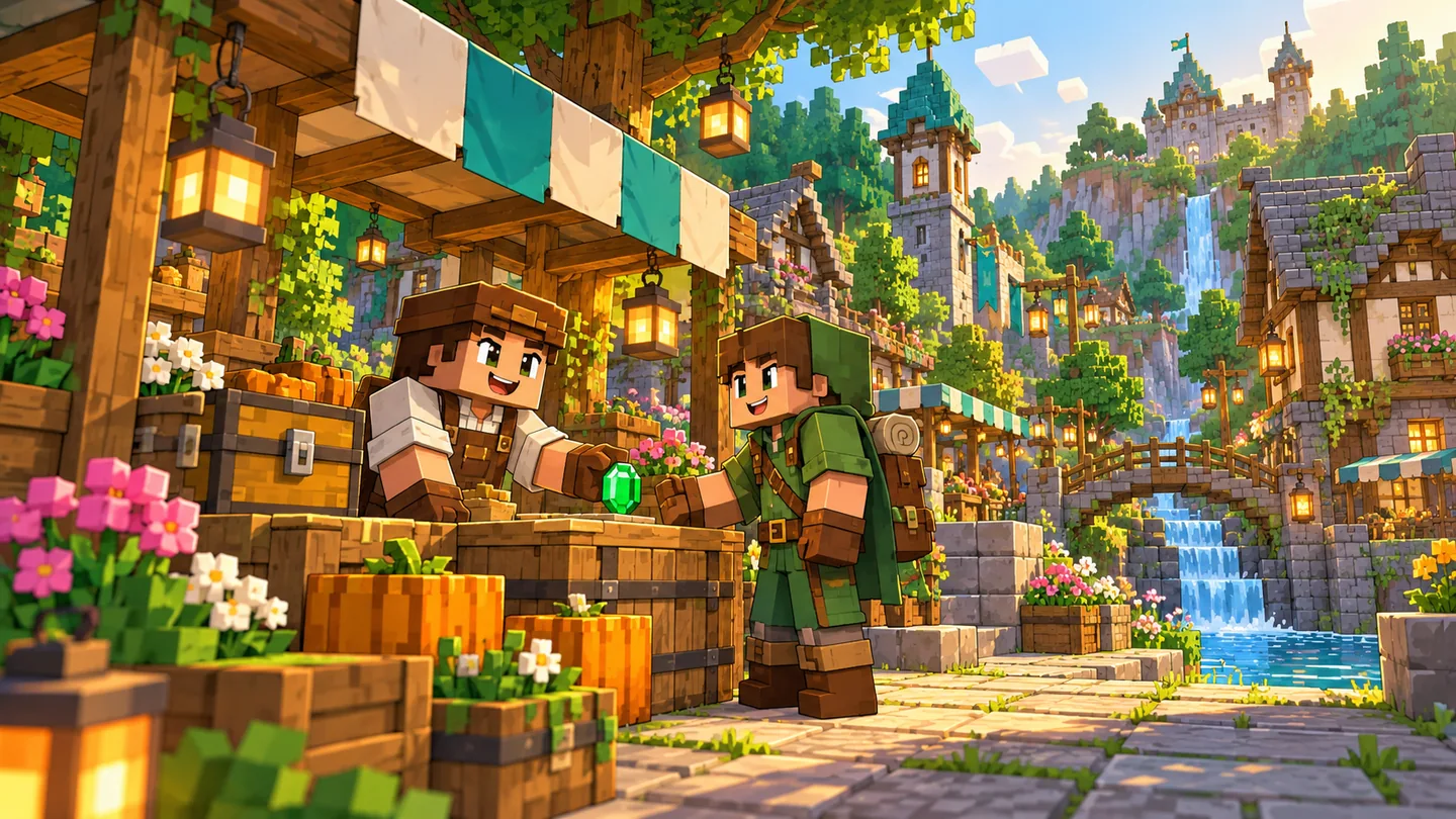 Cartoon Minecraft adventurers meeting at a cheerful village market
